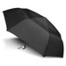 A black umbrella with a geometric design and a handle. It features a logo on the canopy. A black umbrella with a geometric design and a handle. It features a logo on the canopy.