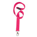 A pink woven lanyard with a clip at one end and a plastic buckle.
