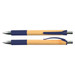 A bamboo pen in natural wood color with navy blue accents and grips, featuring a silver clip and tip. A bamboo pen in natural wood color with navy blue accents and grips, featuring a silver clip and tip.