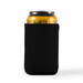 A drink can is wrapped in a sleek black stubby cooler, designed to keep beverages cool. A drink can is wrapped in a sleek black stubby cooler, designed to keep beverages cool.