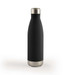 A drink bottle with a sleek black exterior and a stainless steel base, designed for vacuum insulation.