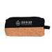 A black and cork utility pouch with a zipper, featuring a logo on the front.