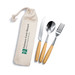 A cutlery set featuring a knife, fork, and spoon with wooden handles in a canvas pouch. The pouch has a logo.