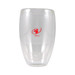 A double wall glass cup designed for beverages, featuring a clear body and a logo printed in red. Capacity is 450ml.