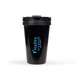 A travel mug in black, featuring a lid and a logo in blue and white. Ideal for on-the-go hydration.