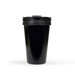 A black vacuum cup with a secured lid, featuring a sleek, glossy finish and a branding logo.