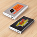 Two power banks displayed on a wooden surface: one silver with an orange label, and one black with a colorful logo. Two power banks displayed on a wooden surface: one silver with an orange label, and one black with a colorful logo.