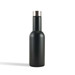 A drink bottle in matte black with a stainless steel cap, featuring a simple design and a logo.