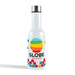 A drink bottle in white featuring a colorful logo and decorative elements at the base. The lid is metallic.