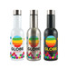 A drink bottle set featuring three vacuum bottles in white, stainless steel, and black, each with a colorful logo design.