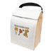 A white cooler lunch bag with a black handle and a logo featuring food icons on the front. A white cooler lunch bag with a black handle and a logo featuring food icons on the front.