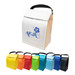 A white cooler lunch bag with a logo, surrounded by colorful cooler bags in yellow, orange, red, green, blue, and black. A white cooler lunch bag with a logo, surrounded by colorful cooler bags in yellow, orange, red, green, blue, and black.