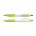 Two plastic pens named Mac Pen, featuring a white barrel with a green textured grip and clip, showcasing a sleek design.