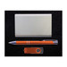 A gift set featuring a sleek silver card holder, an orange pen, and an orange USB flash drive.
