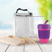 A picnic set featuring a white bag, a transparent drink bottle, a purple cup with a pink base, and beige utensils and containers.