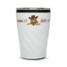 A reusable coffee cup in white with a black lid, featuring a cowboy-themed design and a logo.