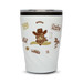 A reusable coffee cup in white featuring a cowboy graphic and a dark lid, with various decorative elements.