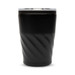 A reusable coffee cup with a matte black finish and a twisted texture, featuring a clear lid.