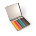 A tin containing 12 colored pencils in various vibrant colors. The pencils are neatly arranged inside the open tin. A tin containing 12 colored pencils in various vibrant colors. The pencils are neatly arranged inside the open tin.
