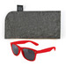 A pair of red sunglasses with dark lenses, accompanied by a gray felt carrying pouch.