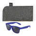 A pair of blue sunglasses accompanied by a gray protective case.
