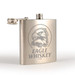 A stainless steel hip flask with a sleek silver finish and a logo featuring an eagle design. A stainless steel hip flask with a sleek silver finish and a logo featuring an eagle design.