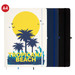 A set of A4 notebooks in white, blue, and black, featuring a tropical beach design on the white cover. A set of A4 notebooks in white, blue, and black, featuring a tropical beach design on the white cover.