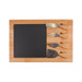 A bamboo slate cheese board featuring a smooth slate section and four metal cheese knives with wooden handles. A bamboo slate cheese board featuring a smooth slate section and four metal cheese knives with wooden handles.