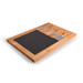 A bamboo slate cheese board featuring a rectangular serving area and three cheese knives with wooden handles. A bamboo slate cheese board featuring a rectangular serving area and three cheese knives with wooden handles.