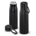A drink bottle in matte black, featuring a stainless steel top and a removable cap with a black and white strap. A drink bottle in matte black, featuring a stainless steel top and a removable cap with a black and white strap.