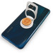 A drink bottle opener attached to a phone, featuring a silver opener and a circular wooden base on a dark blue phone. A drink bottle opener attached to a phone, featuring a silver opener and a circular wooden base on a dark blue phone.