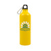 A drink bottle in bright yellow, featuring a logo and a carabiner for easy attachment. A drink bottle in bright yellow, featuring a logo and a carabiner for easy attachment.