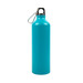 A drink bottle in a vibrant turquoise color with a black lid and a metal carabiner. It has a simple branding logo. A drink bottle in a vibrant turquoise color with a black lid and a metal carabiner. It has a simple branding logo.