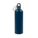 A drink bottle made of aluminium, featuring a dark blue finish and a black cap with a carabiner attachment.
