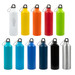 A drink bottle collection featuring various colours including white, yellow, orange, red, green, blue, navy, black, and silver, each with a logo.