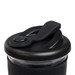 A reusable coffee cup with a snap lid in a dark color, featuring a black exterior and clear upper section. A reusable coffee cup with a snap lid in a dark color, featuring a black exterior and clear upper section.