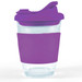 A reusable coffee cup featuring a clear body with a purple silicone sleeve and snap lid. A reusable coffee cup featuring a clear body with a purple silicone sleeve and snap lid.