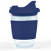 A reusable coffee cup with a transparent body and a dark blue silicone sleeve and lid. A reusable coffee cup with a transparent body and a dark blue silicone sleeve and lid.