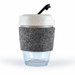 A reusable coffee cup featuring a clear glass design with a textured grey RPET band and a light-colored lid.