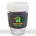 A reusable coffee cup featuring a clear body, white flip lid, and a grey RPET band. It has a logo on the band.