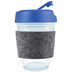 A reusable coffee cup made of clear material featuring a blue flip lid and a gray RPET band for grip. A reusable coffee cup made of clear material featuring a blue flip lid and a gray RPET band for grip.