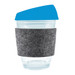 A reusable coffee cup featuring a clear body, a blue silicone lid, and a grey RPET band. A reusable coffee cup featuring a clear body, a blue silicone lid, and a grey RPET band.