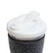 A reusable coffee cup featuring a clear body, a white snap lid, and a dark grey RPET band for insulation and grip. A reusable coffee cup featuring a clear body, a white snap lid, and a dark grey RPET band for insulation and grip.