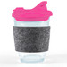 A reusable coffee cup with a clear body, a pink snap lid, and a gray RPET band for grip. A reusable coffee cup with a clear body, a pink snap lid, and a gray RPET band for grip.