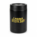 A drink bottle cooler in black with a logo displayed on the surface. It features a cylindrical design.