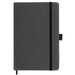 A dark gray hardcover notebook made from recycled leather, featuring a black elastic band and bookmark. A dark gray hardcover notebook made from recycled leather, featuring a black elastic band and bookmark.