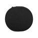 A round, black case designed for storing headphones, featuring a zip closure and a smooth exterior.