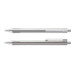 A metal pen set in silver, featuring a sleek design and a subtle logo. Two pens are displayed together.