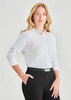 A white 3/4 sleeve blouse is displayed, featuring a collared neckline and button front, paired with black pants. A white 3/4 sleeve blouse is displayed, featuring a collared neckline and button front, paired with black pants.