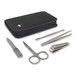 A black zippered case containing a manicure set with scissors, clippers, a file, and tweezers. A black zippered case containing a manicure set with scissors, clippers, a file, and tweezers.
